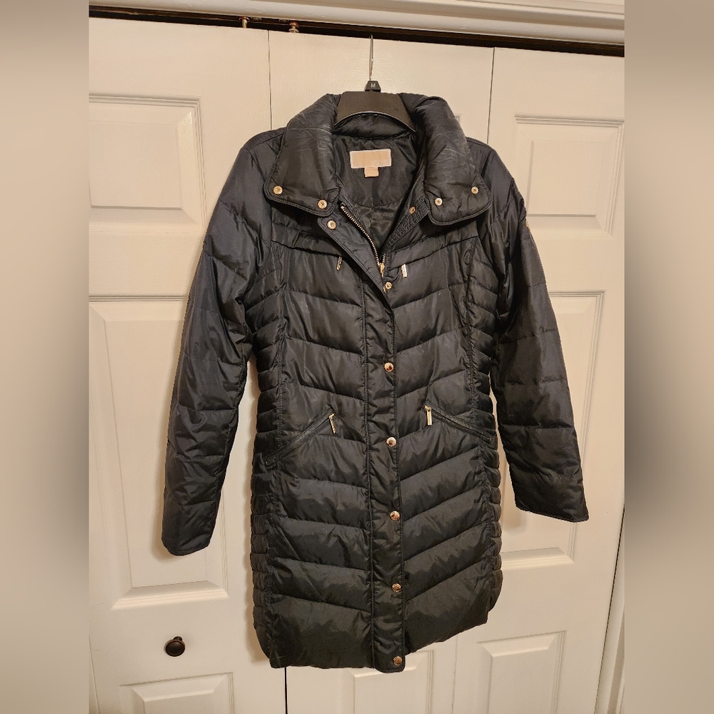 Michael Kors Long Navy Blue Fur Hooded Puffer Coat